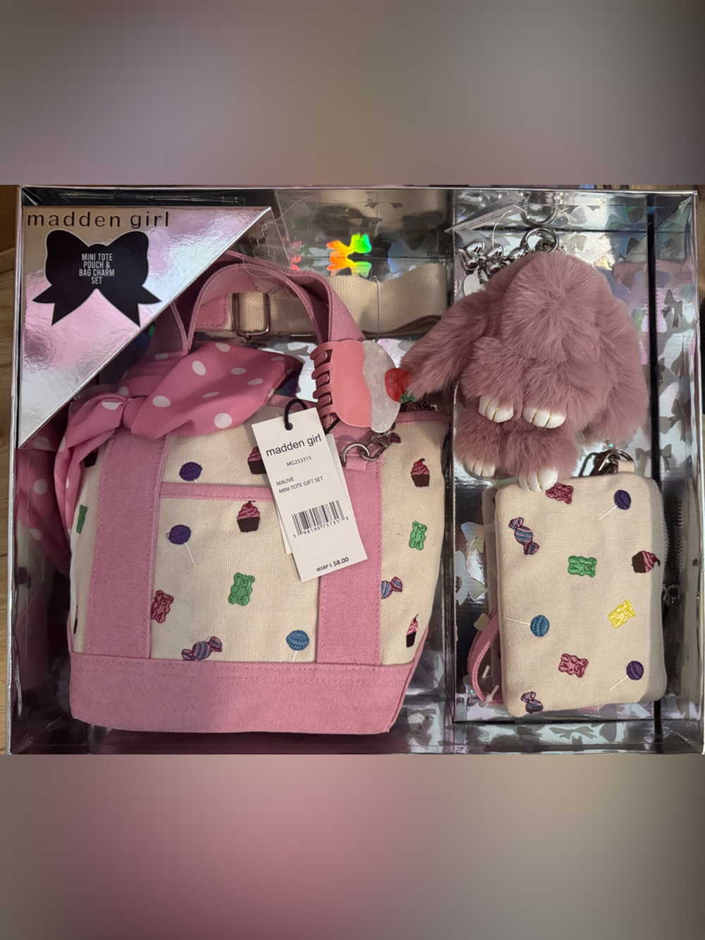 Madden Girl Pink and Cream Candy Print Crossbody & Coin Pouch Set with Pom